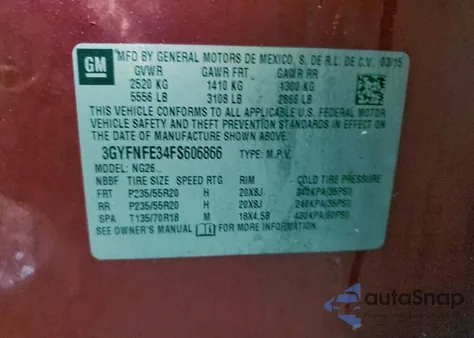 2015 Cadillac Srx Performance Collection from USA, damaged, VIN 3GYFNFE34FS606866